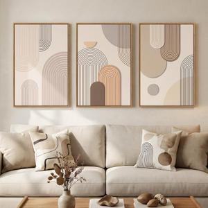 3 Piece Framed Neutral Boho Wall Art for Living Room, Large Minimalist Abstract Canvas Artwork for Walls, Mid Century Modern Beige Geometric Prints Paintings for Bedroom Hallway Wall Decor 16x24 Inch, 24" H x 16" W x 3Pcs