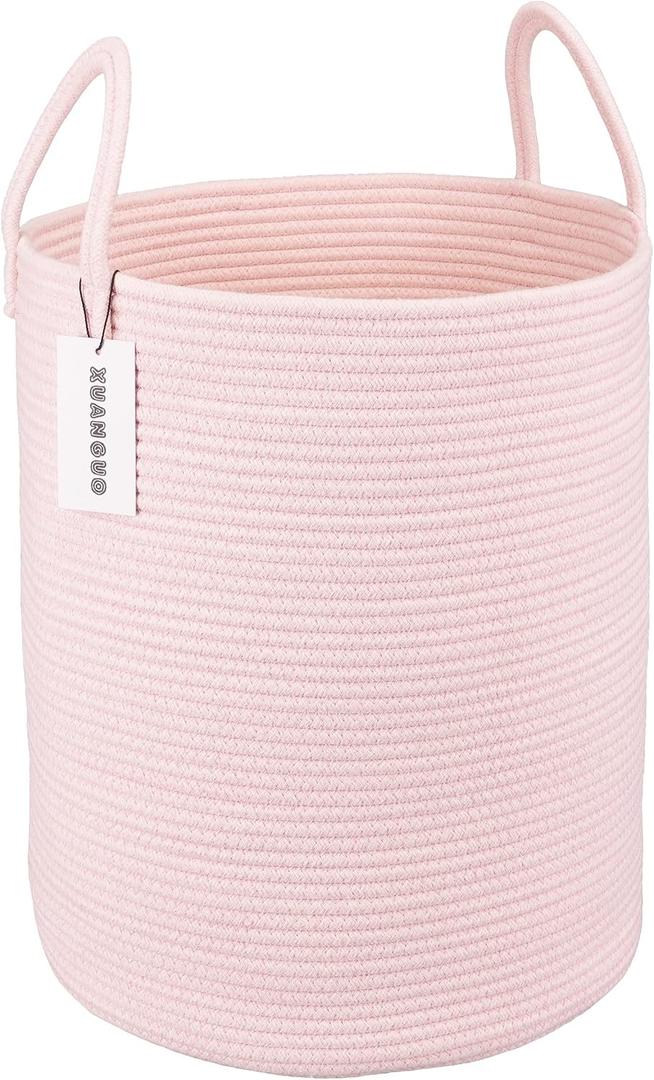 XUANGUO Cotton Rope Laundry Basket Hamper for Girls Kids Baby Nursery Hamper Bin Woven Storage Basket for Living Room Girls room Boho Tall Rope Baskets for Blanket Toys Large light pink, Regular