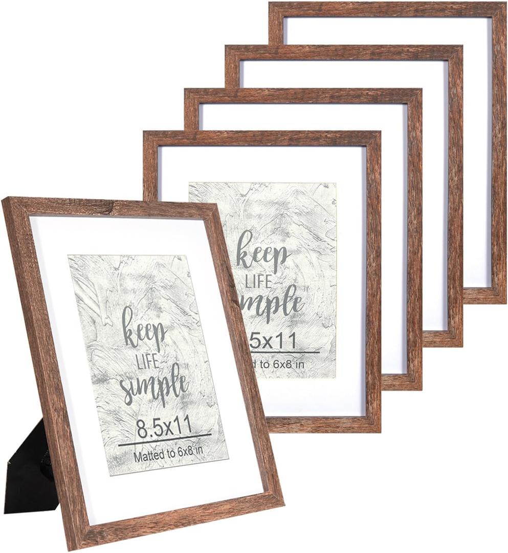 kennethan 8x11 Picture Frame Rottern Brown Set of 5, Wooden Poster Frame for Tabletop and Wall Mounting Display for Home, Office,Gallery,Holiday with Photos, Posters, Puzzles