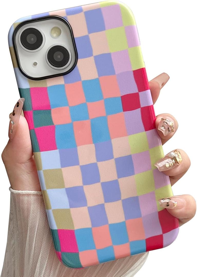 Vinlayss Compatible with iPhone 14 Plus Case6.7" with Cute Colorful Checkered Pattern, Shockproof Slim TPU and Hard PC Protective Phone Case for Women Girl Men - Colorful 3