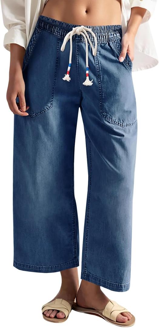 Cicy Bell Women's Wide Leg Jeans Casual Drawstring High Wasit Boyfriend Loose Baggy Capri Denim Pants with Pockets (Blue)