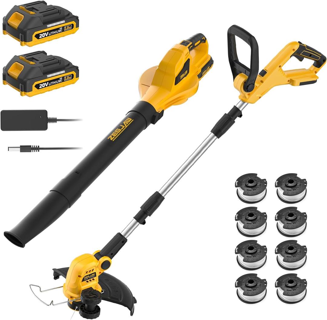 ZEGJAW 2-in-1 Leaf Blower + 12-Inch 20v Cordless String Trimmer Combo Kit, 8 Pcs Replacement Spools, 2x2.0Ah Batteries & Charger Included, for Lawn, Garden,Yard, etc