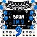 Vlipoeasn 9th Birthday Decorations Set for Boys Girls, 35PCS Black Blue 9 Year Old Birthday Backdrop Banner, Bruh I'm 9 Party Supplies