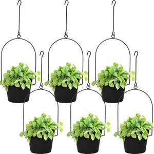 Hushee 6 Packs Metal Hanging Planters for Outdoor Indoor Plants Plant Hanger with 6.3'' Plastic Pots Hanging Planter Basket for Garden Home Porch Decor