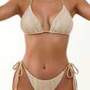 Women's Ribbed Two Piece Adjustable Triangle Beads Shoulder Strap Bikini Set Sexy Bathing Swimsuits (Beige, Small)