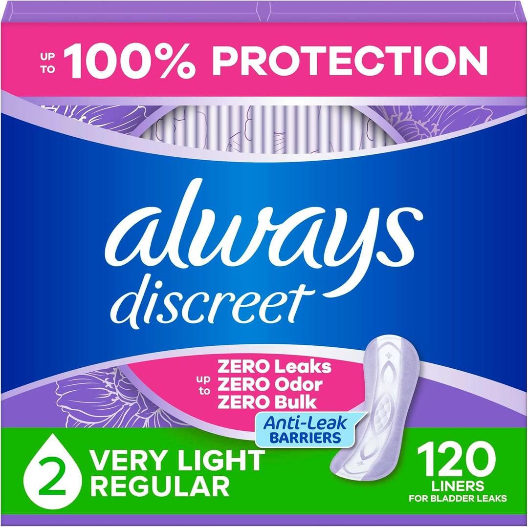 Always Discreet Incontinence Panty Liners for Bladder Leaks, Size 2, Very Light Absorbency, 120 Count (Regular)