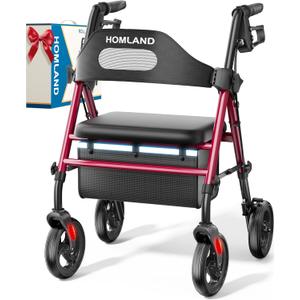 Foldable Rollator Walkers with Seat for Seniors, 8'' Big Wheels, 350 lb. Weight Capacity, Adjustable Handles and Seat Height, Lightweight Rolling Walker, Red