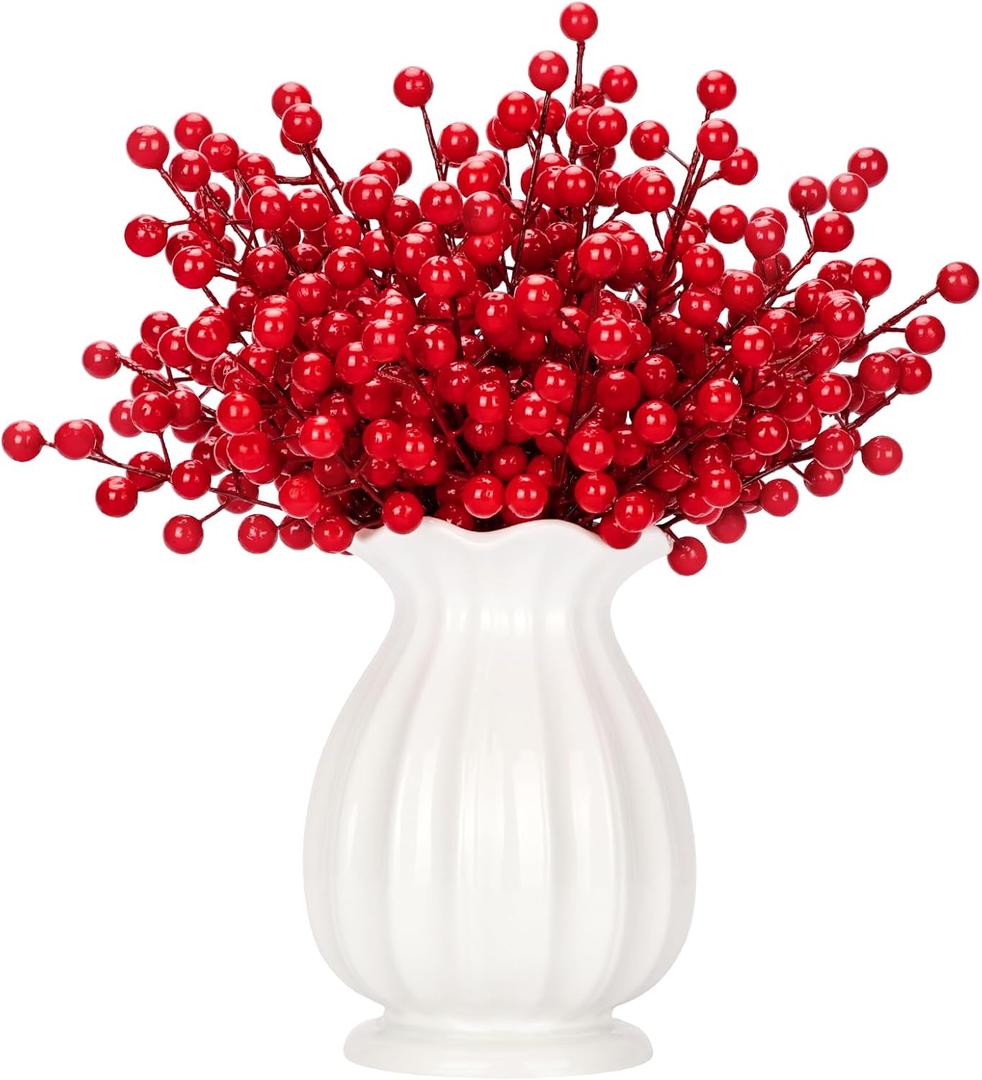 Korlon 35 Pack Artificial Red Berry Stems, Holly Berry Stems for Christmas Tree Picks Decorations, Red Berries Picks for Holiday DIY Crafts Xmas Ornaments Wedding Home Decor