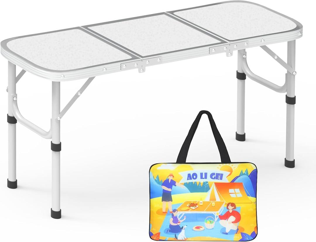 AO LI GEI Folding Camping Table Small with Storage Bag,Adjustable Height Portable Picnic Table,Upgraded Thickening Lightweight Outdoor Table Aluminum Legs (Sliver:15.7"x35.4", 2 Height:9.8"/19.7")