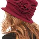 Polar Fleece Fashion Women-Cloche-Hat, 1920s Vintage Womens-Felt-Hat, Floral Winter Fall Spring Church-Hats for Women Elegant Burgundy, Medium