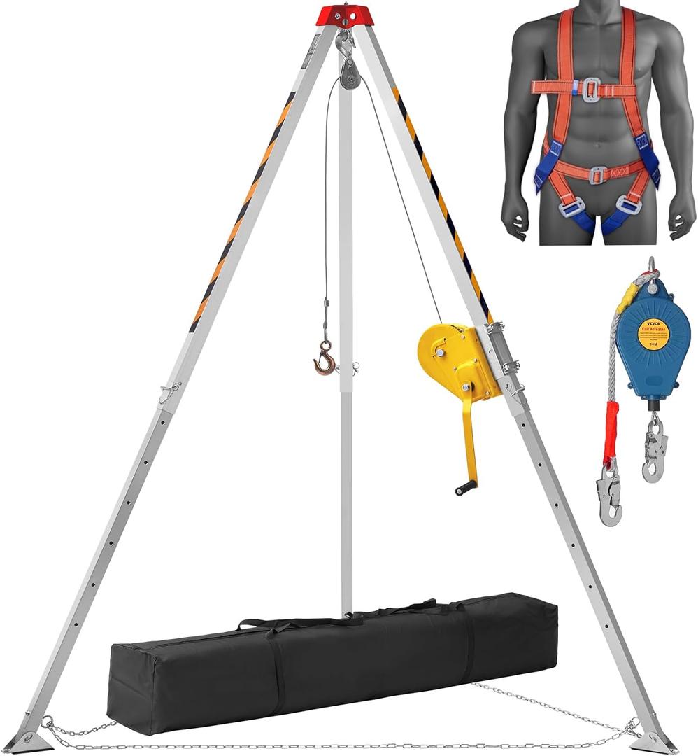 VEVOR Confined Space Tripod Kit, 2600 lbs Winch, Confined Space Tripod 8' Legs and 98' Cable, Confined Space Rescue Tripod 32.8' Fall Protection, Harness, Storage Bag for Traditional Confined Spaces