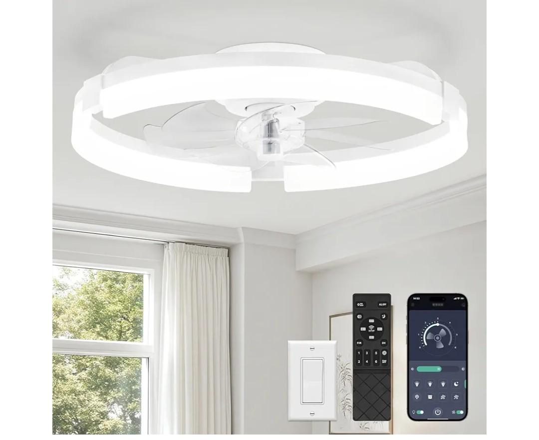 LEDIARY 20" Ceiling Fans with Lights and Remote, Modern Low Profile Ceiling Fan, 3 CCT, Stepless Dimmable, Fandelier Flush Mount Fan Light, 6 Speeds, DC Motor, App & Remote Control for Bedroom(White)