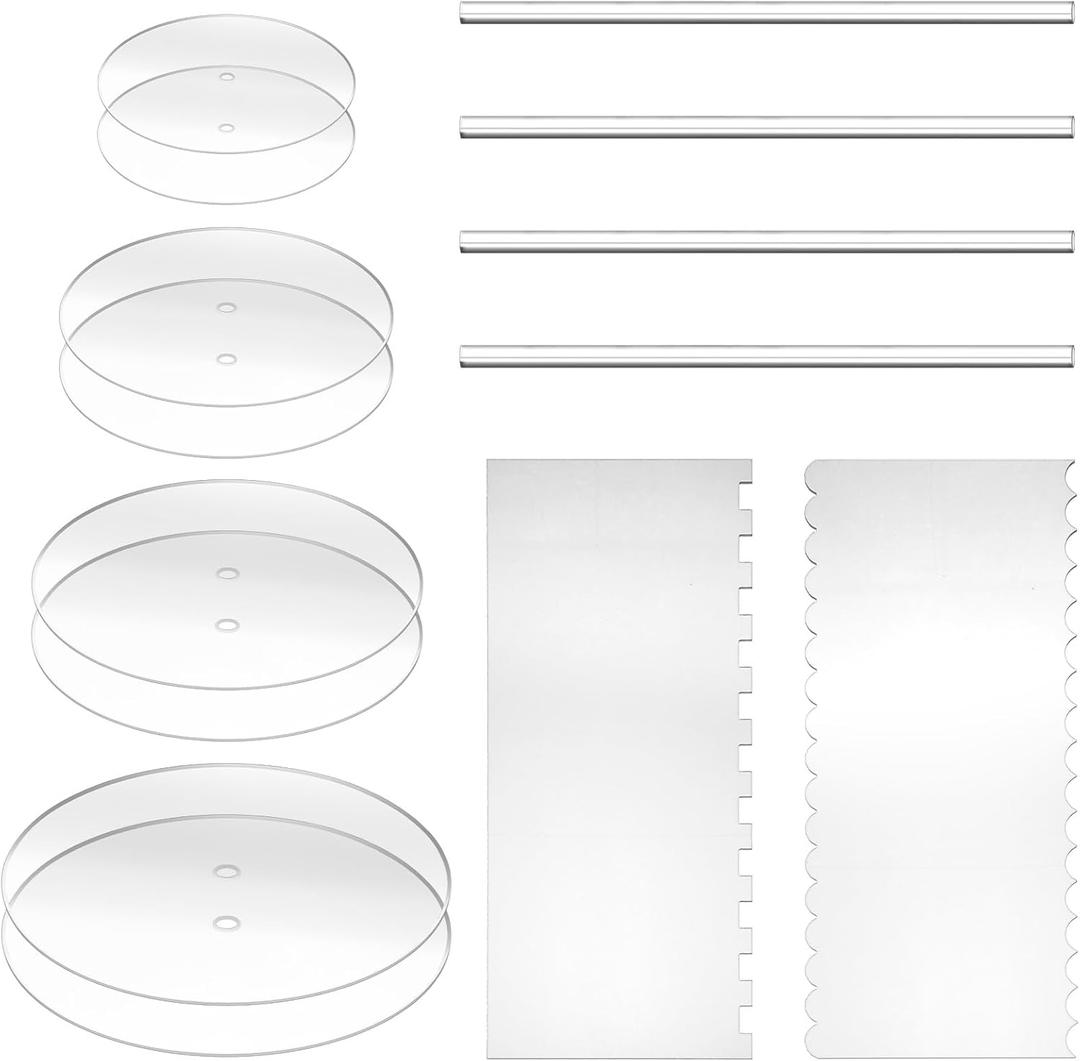 14 Pack Acrylic Cake Disc Set, Clear Cake Decorating Supplies with 8 Round Acrylic Discs, 2 Icing Scraper & 4 Center Dowel For Make Your Cakes, Acrylic Discs For Icing Cakes(4.25/6.25/8.25/10.25 Inch)