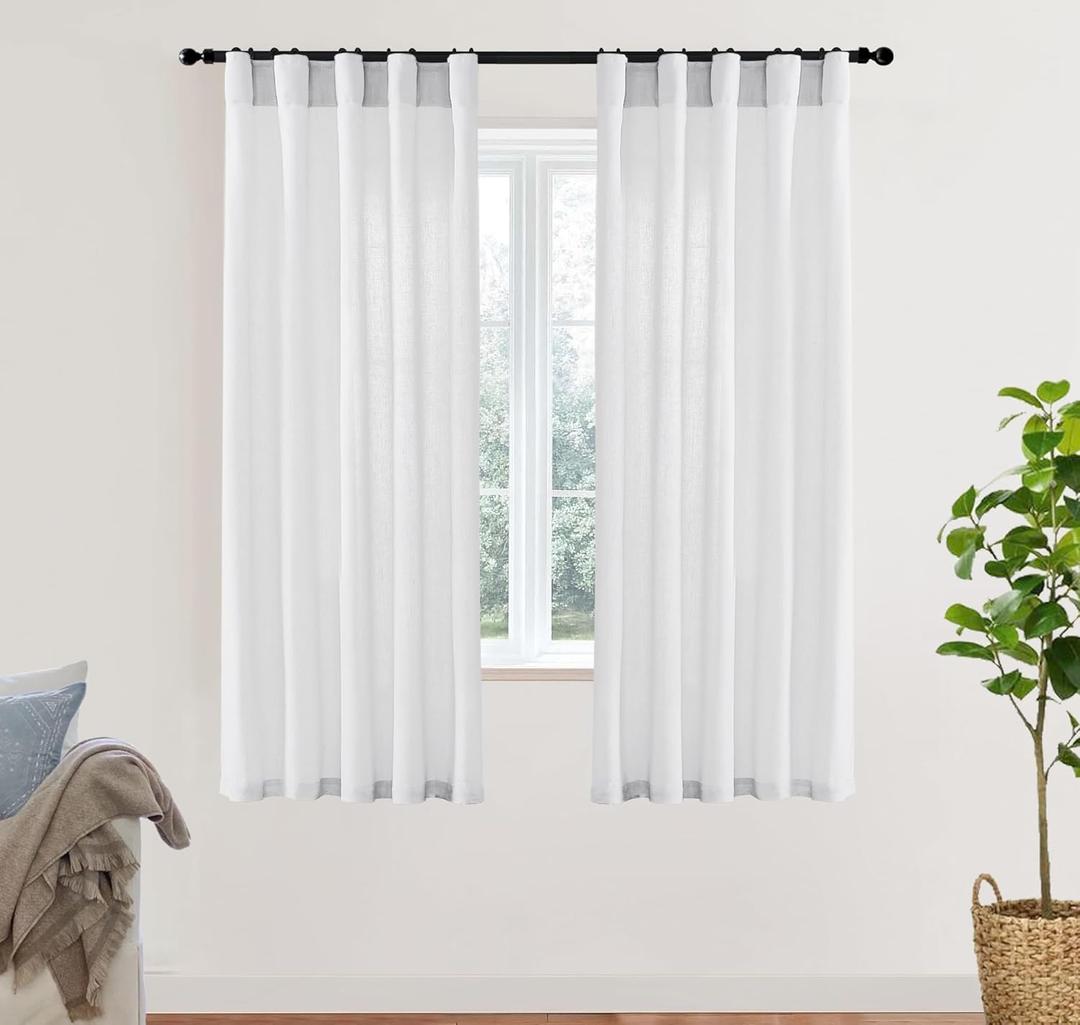 XTMYI White Sheer Curtains 64 Inches Long for Bedroom Living Room Dining Room,Linen Cotton Privacy Curtains for Kitchen Bathroom,40x64 Inch Length 2 Panels Set