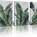 BLINFEIRU Green Leaves Wall Art Emerald Green and Gold Banana Leaf Canvas Prints Tropical Plant Pictures Wall Decor Home Artwork for Bedroom Living Room Decoration Framed 16"x24"x3, Count Of 3