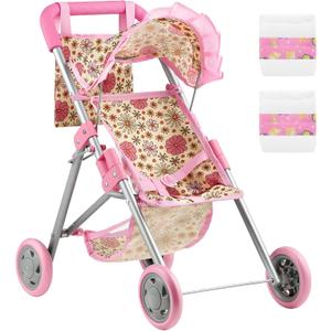 GAGAKU Baby Doll Stroller, Foldable Toy Stroller with Storage Basket and Bag, Diaper, Reborn Doll Accessories for Girls & Kids Ages 3+, Daises Pattern