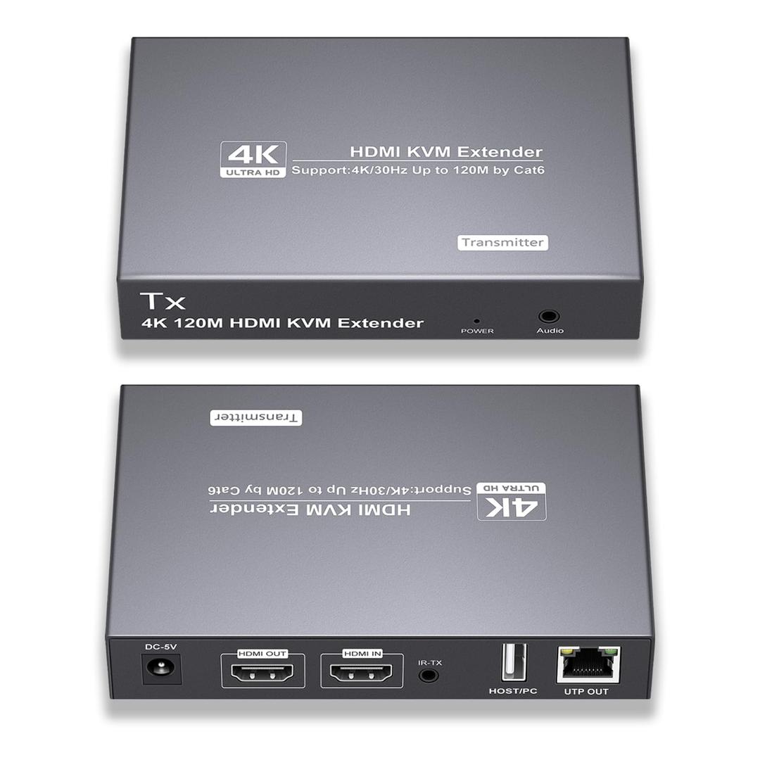 RYXN HDMI KVM USB Extender Over Cat6 Transmits 4K@30Hz Up to 394ft/120m, with 2 USB Ports Supports Mouse and Keyboard Remote Control, Both Ends Feature Audio Extractor Function