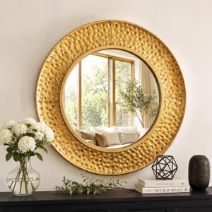 24 Inch Round Wall Mirror, Hammered Antique Gold Metal Frame, Vintage Decorative Circle Mirror for Bathroom Vanity, Living Room, Entryway, Farmhouse Wall Decor
