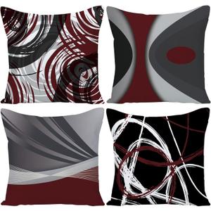 Set of 4 Throw Pillow Covers Modern Abstract Wine Red Stripes Gray Black White Acrylic Bold Grey Decorative Pillow Cases Home Decor Square 20x20 Inches Pillowcases