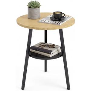 Round End Table, 2-Tier Side Table with Storage Shelf for Small Spaces, Nightstand for Living Room, Bedroom, Metal Frame & Wood Top, Oak, 15.4" x 15.4" x 21.6"