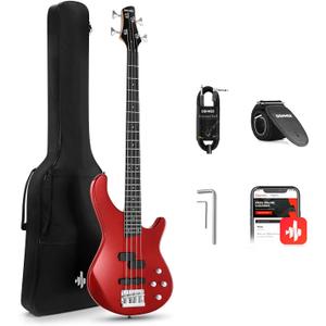 Donner Electric Bass Guitar 4 Strings Full-Size Standard Bass PJ-Style Electric Bass for Adults with Free Online Lesson,Gig Bag Guitar Strap and Guitar Cable Included, DPJ-100, Red