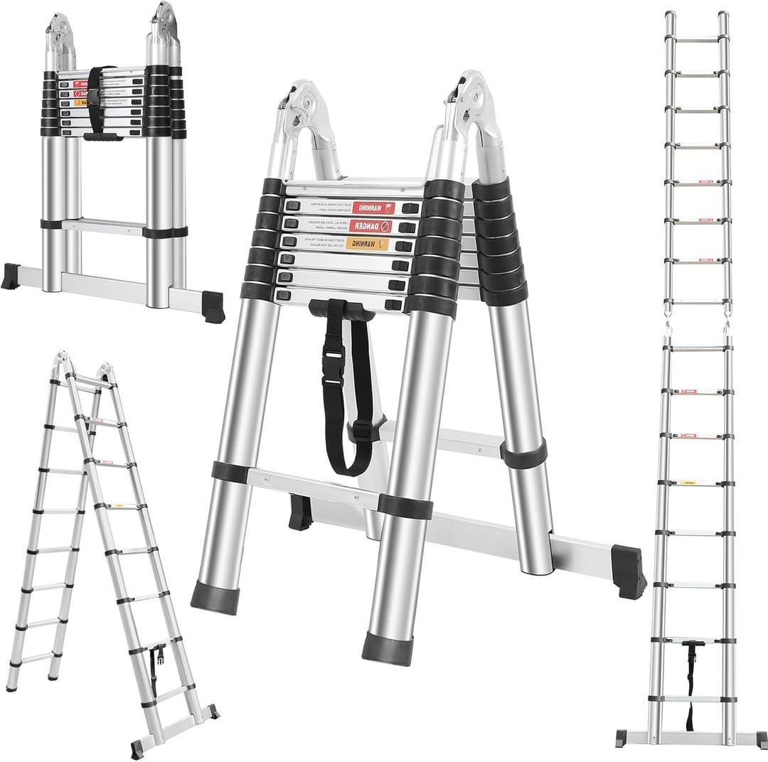 Telescoping A Frame 16.5FT Ladder with Anti-Slip Feet, Multi Position Aluminum Extension Ladder with Stabilizers, Foldable Lightweight Collapsible Ladder for Home Indoor Outdoor, 330LBS Capacity