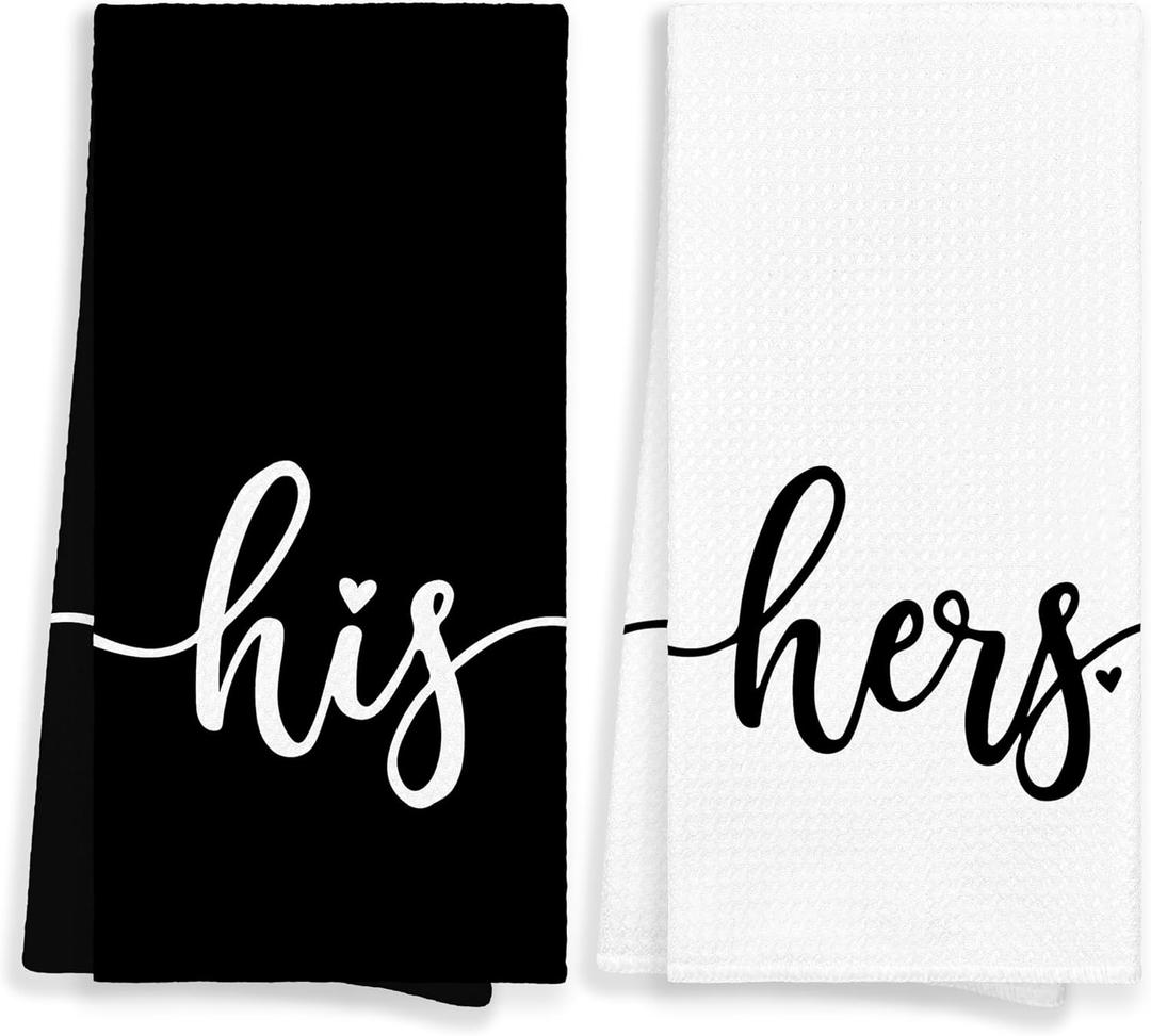 His and Hers Valentines Day Bathroom Kitchen Towels Set of 2, His and Hers Gifts Hand Towels for Couple Bride Wedding Honeymoon, Black and White Decorative Tea Dish Towels for Kitchen 16x24in