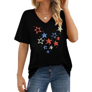 American Flag Shirts Women4th of July V-Neck Short Sleeve Patriotic T-Shirt Memorial Day Graphic Tee (M)