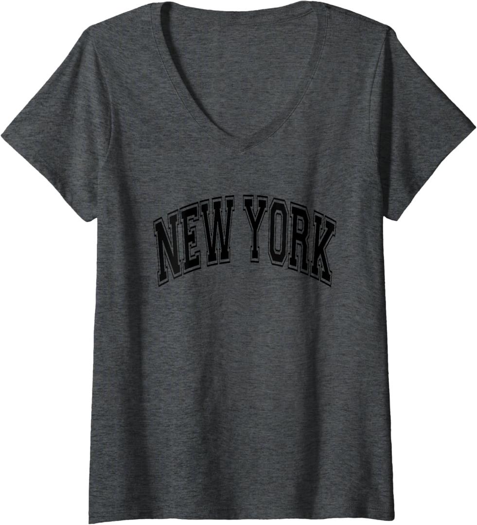 Womens New York Arched Style Text Gray with Black Print V-Neck T-Shirt, S Womens New York Arched Style Text Gray with Black Print V-Neck T-Shirt, S