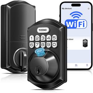 TEEHO TE012W WiFi Smart Lock, Fingerprint Door Lock with Built-in Wi-Fi, Keyless Entry Keypad Smart Deadbolt, App Remote Control, Alexa Compatible, IP55 Waterproof for Front Door Matte Black
