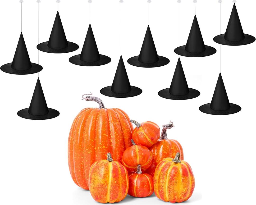 VioraWhite 19 Pcs Halloween Witch Hat Hanging Decor with Artificial Pumpkin, 12 Black Floating Witch Hats with Rope and 7 Pumpkin Set Halloween Party Decorations for Home Yard Porch Ceiling