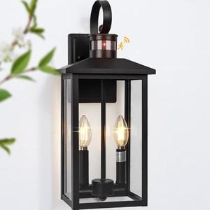Brilvibera Large Motion Sensor Outdoor Wall Lights, 18" Black Dusk to Dawn Outdoor Lighting, 2-Light Aluminum Outdoor Fixture with E12 Socket, ETL Listed Outside Porch Lights Wall Mount for House