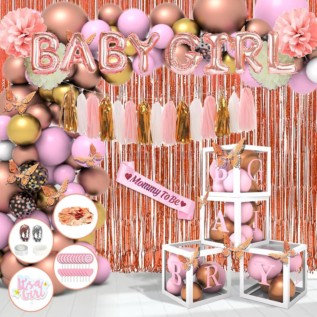 181pcs Rose Gold Baby Shower Decorations, Baby Girl Shower Decorations with Balloon Arch Kit, Baby Boxes, Paper Pom Poms, Fringe Curtains, Sash, Cake Copper