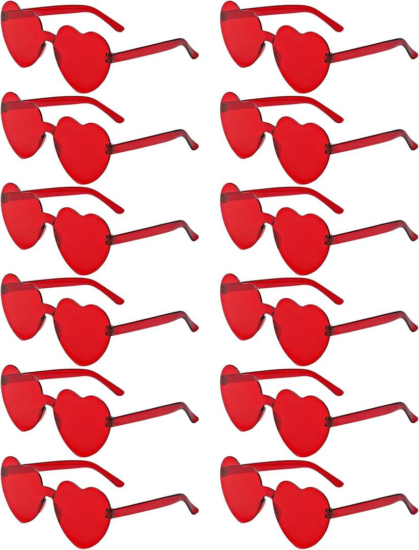 12 Pairs Heart Shaped Sunglasses Candy Color Rimless Fun Heart Glasses for Women Party Favors (Red)