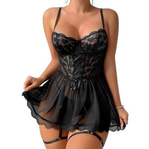 Mixxmix Babydoll Lingerie for Women Lace Up Mesh Chemise Nightgown with Garter Belt, XL