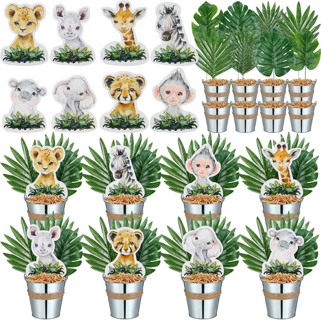 Amyhill 58 Pcs 8 Sets Safari Centerpieces for Tables Jungle Animals Centerpieces Safari Baby Shower Party Decor with Palm Leaves Metal Buckets Jungle Animals Cutouts for Wild One Birthday Party Decor