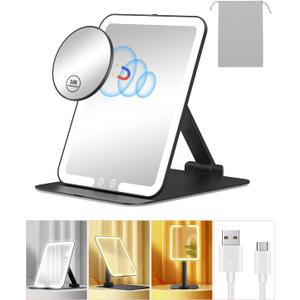 Gospire Travel Makeup Mirror with Lights and Magnification 10X, Portable Make Up Compact Tabletop with Adjustable Stand, 3 Colored Light Rechargeable Lighted LED Cosmetic Vanity- Black