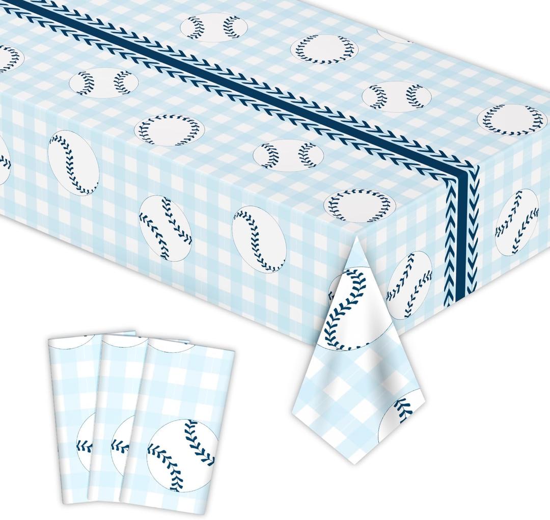 3 x 3pcs Baseball Tablecloths Blue Checkered Gingham Birthday Party Disposable Plastic Table Cloths Rectangle Waterproof for Baseball Sports Party Decorations 54"x108" (Blue Baseball, 54" x 108")