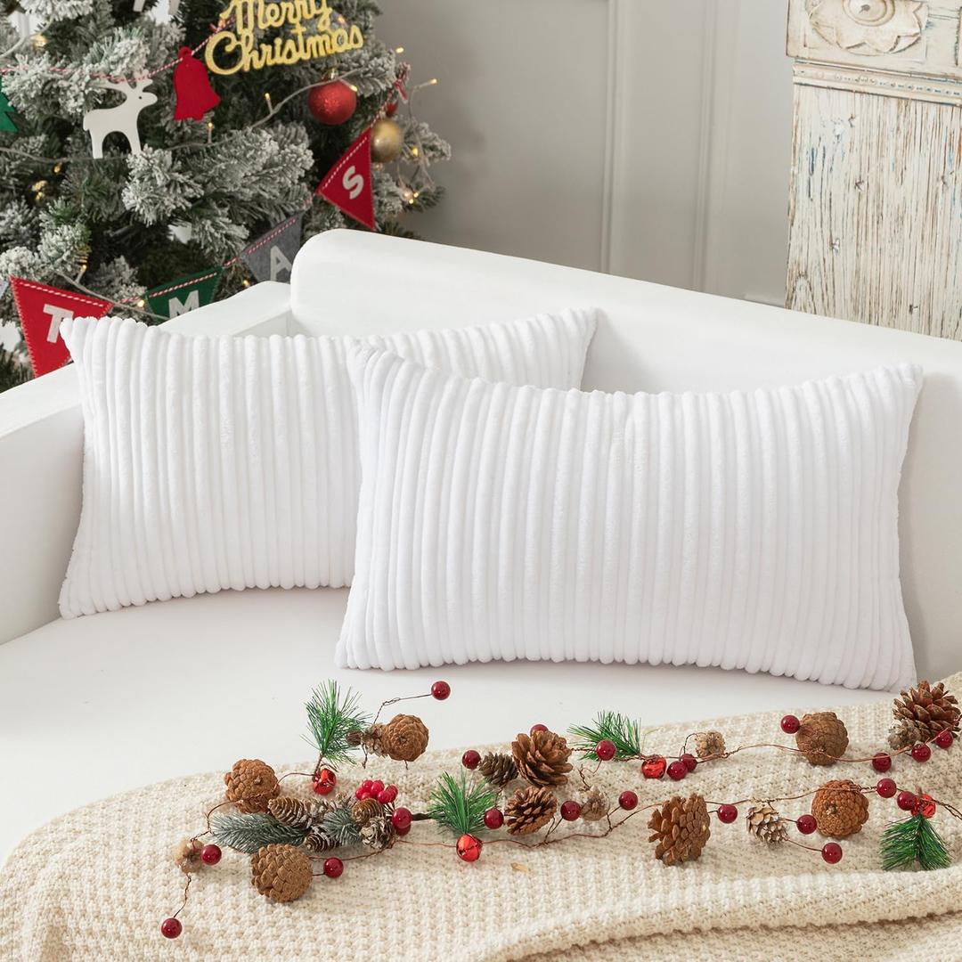 Kevin Textile Set of 2 Oblong Pillow Covers 12x20 Decor Decorative Striped Corduroy Solid Cushion Cover Lumbar Throw Pillowcase for Sofa Kids Toddler, 30 x 50cm,Pure White