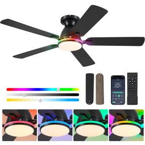 Ceiling Fans with Lights- 52" RGB Low Profile Indoor Ceiling Fan with Light and Remote/APP Control, Flush Mount, LED Dimmable DC Reversible Modern Ceiling Fan for BedroomBlack