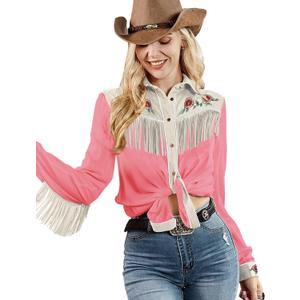 JOHN MOON Womens Fringe Western Long Sleeve Shirts Floral Embroidered Cowgirl Button Down Shacket Blouse Country Rodeo Outfit (X-Large, Pink)