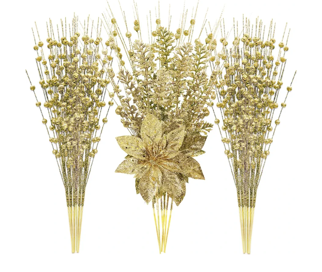 24 Pack Artificial Glitter Berry Stem Ornaments - 17.5 Inch Fake Christmas Picks Decorations with Poinsettia Flowers, Bead Sticks for DIY Christmas Tree, Wreath, Wedding & Small Vase Decor