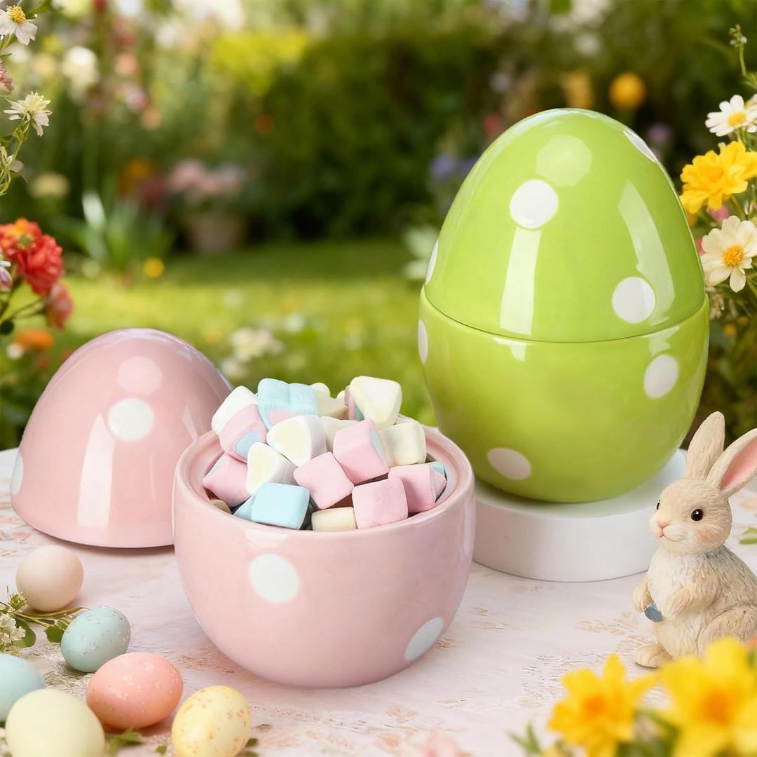 2 Pcs Easter Decorations Easter Egg Candy Jars with Airtight Lids Ceramic Cookie Jars Decorative Candy Dish Food Storage Canister Egg Decorations for Spring Kitchen Home Table Gift Basket Stuffers