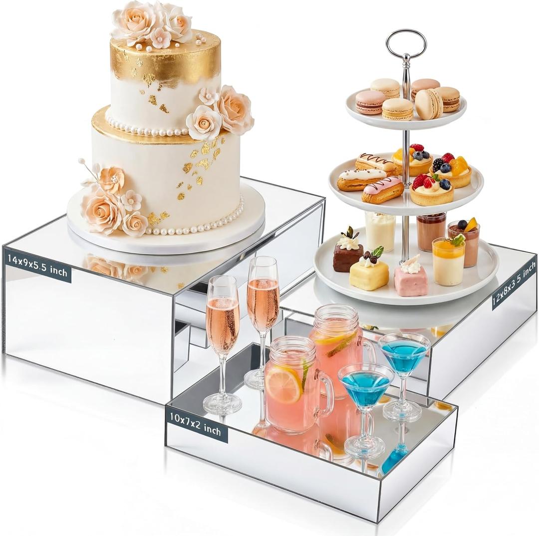 3 Pack Extra Large Acrylic Risers - 14, 12, 10 Silver Display Stands with Hollow Bottoms, Cube Buffet Riser Boxes Nesting for Dessert Food Catering Buffet Display Party Supplies