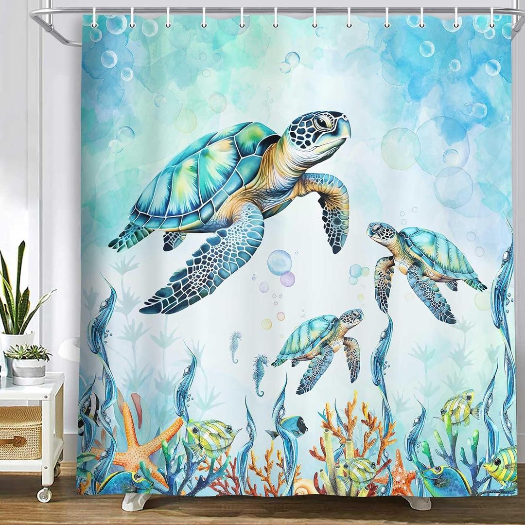 MERCHR Sea Turtle Shower Curtain Coastal Beach Decoration Nautical Shower Curtains for Bathroom, Blue Ocean Teal Fabric Bath Curtains Set with 12 Hooks, 71x71 Inches