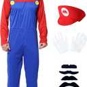 Halloween Costume Adult Plumber Jumpsuit with Hat Gloves Moustache Costume Accessories Set (Blue, S)