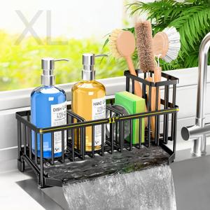 TomCare Extra Large 11'' Sink Caddy With Drain Tray Non-slip Kitchen Sink Organizer With 2 Adjustable Dividers High Brush Holder Rustproof Sponge Holder Kitchen Storage Accessories for Counter (Black)