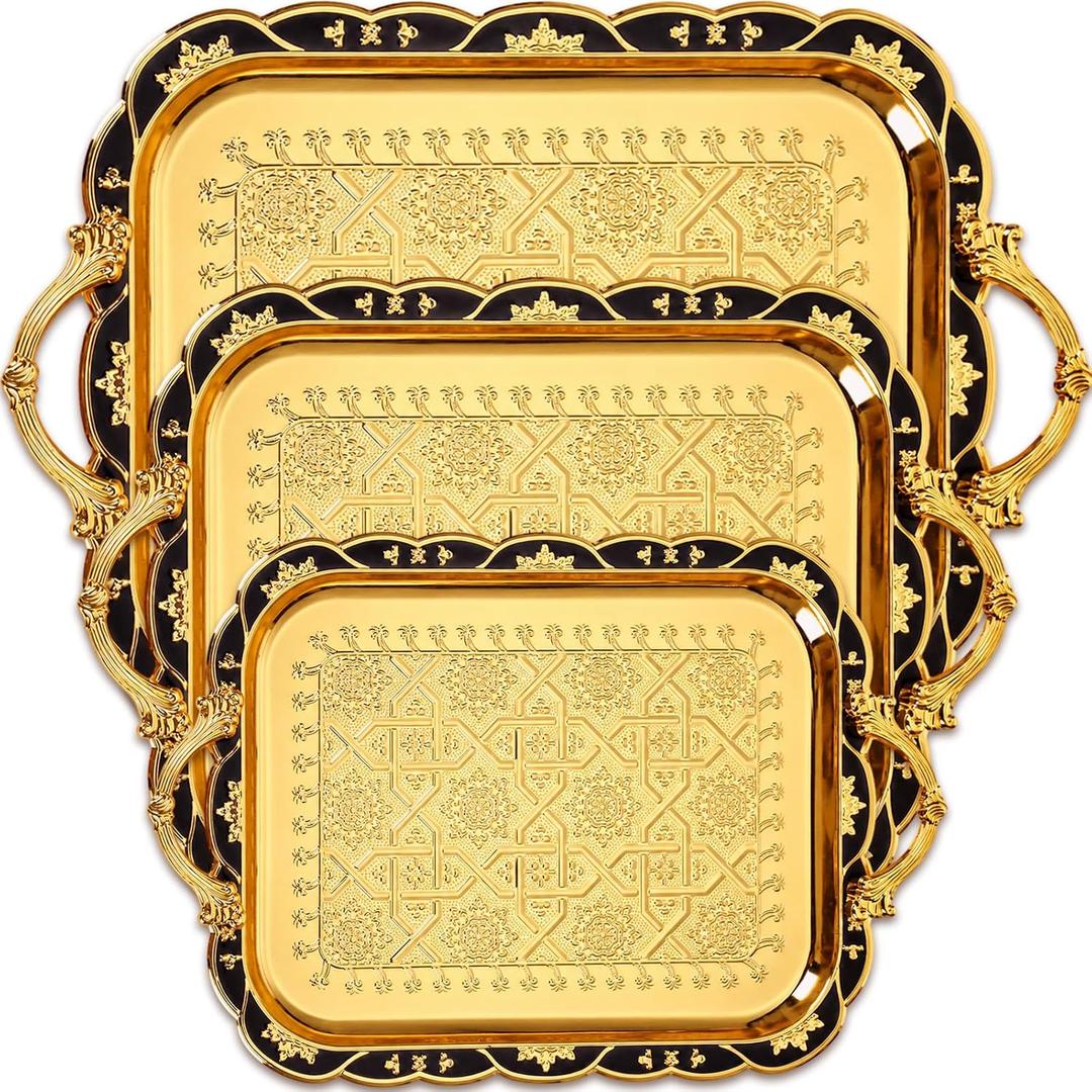 3 Pack Metal Serving Trays, Vintage, Black, Gold