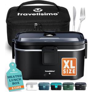 TRAVELISIMO Extra-Large Electric Lunch Box For Adults Holds up to 8 Cups - 80W Heated Lunch Box For Men 1.8L, Portable Food Warmer for Travel & Work, Loncheras Electricas Para Calentar Almuerzo (Black)