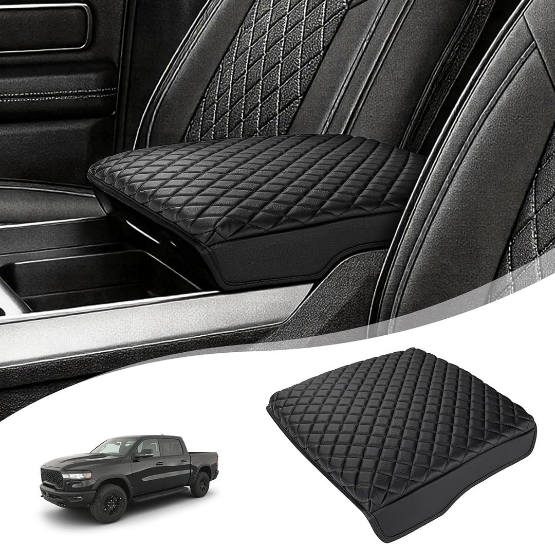 Center Console Cover for Dodge Ram 1500 2500 3500 2019-2026 5th Gen | PU Leather Middle Console Lid Protector Arm Rest Cushion Anti-Scratch Thick Pad for Daily Protection, Waterproof, Bucket Seat